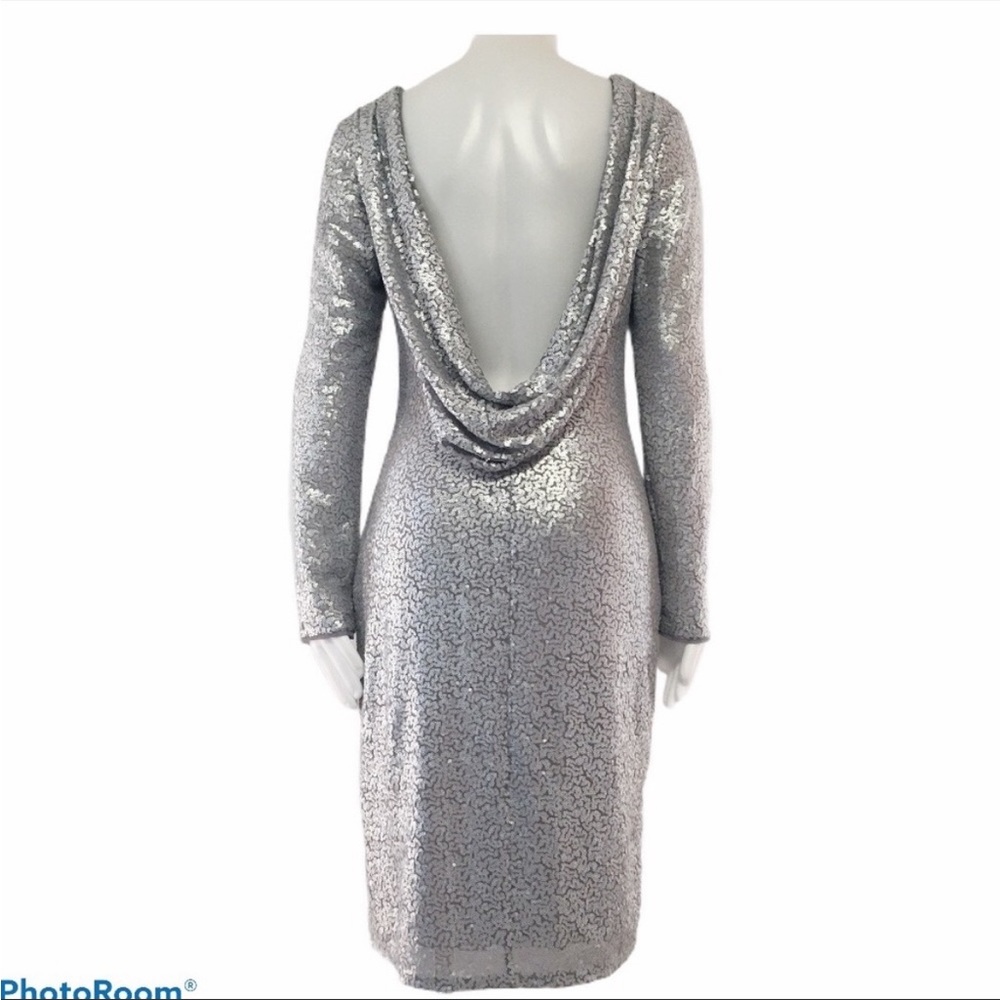 Tadashi Shoji Cowl Back Long Sleeve Silver Shimmer Sequin Dress  Size Small